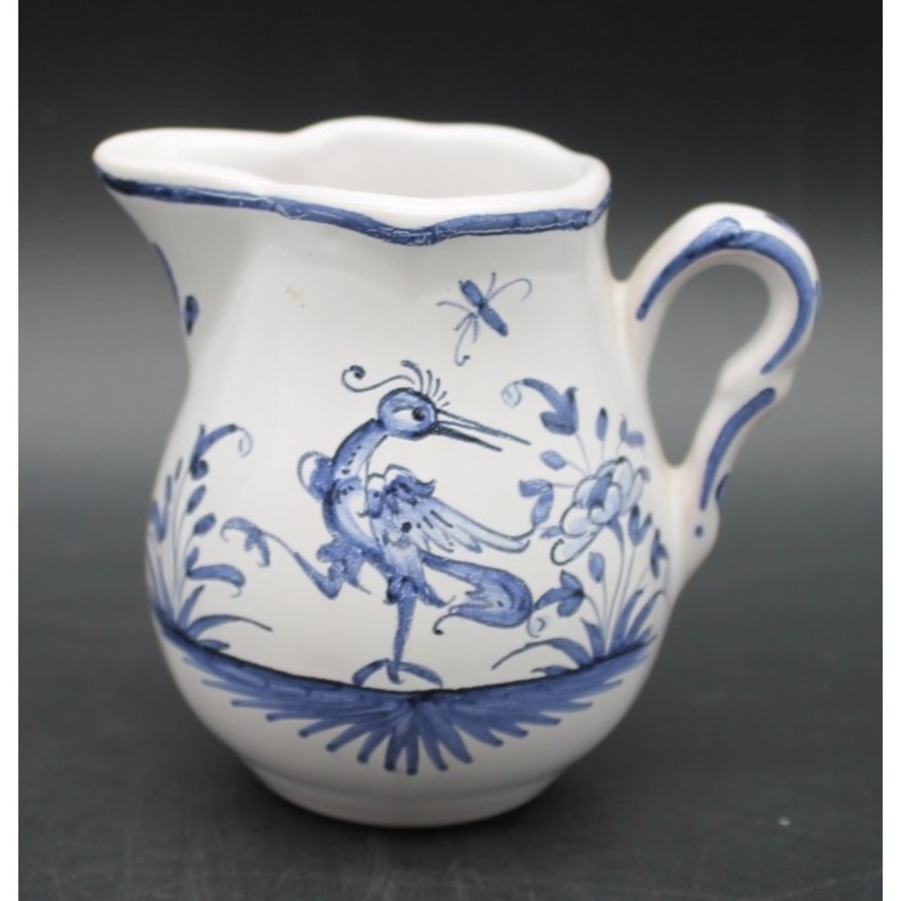 Hand Painted Blue White Ceramic Creamer Pitcher Made in France Bird Floral 3.5"